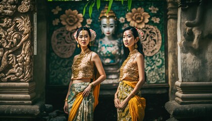 Obraz premium balinese women wear kebaya in bali temple, Generative AI