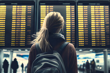 Female tourist looking at flight schedules for checking take off time - obrazy, fototapety, plakaty