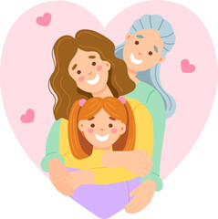 Illustration with grandmother, mother and daughter in flat cartoon style for Mother's Day holiday in gentle colors