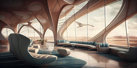 VIP airport waiting lounge with a modern futuristic luxury decoration, generative AI