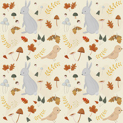 Autumn decorative seamless pattern with seasonal elements, birds,hare, acorns, plants, leaves, mushrooms. Design for textile, package, poster and scrapbook
