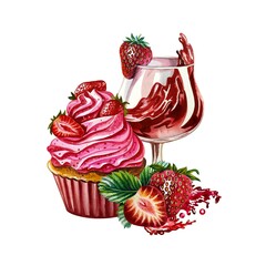 Cupcake with cream and strawberries. Watercolor illustration. Isolate.