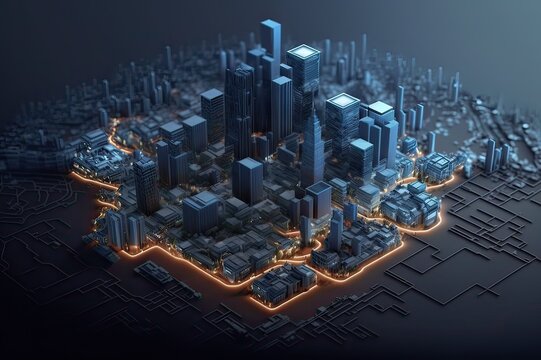City biz district w/ buildings, glowing lights, dark bg, diagram, map, copy space. Photo generative AI