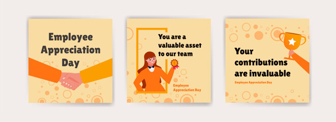 Celebrate Employee Appreciation Day with Cheerful Greeting Cards. Vector banner with illustration of employee getting award and congratulating on his achievement.