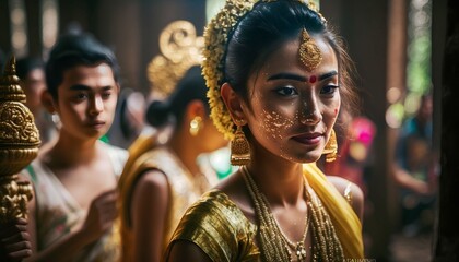 Fototapeta na wymiar Balinese celebrating “Galungan and Kuningan” in Bali temple, Generative AI