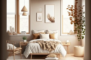 Luxurious bedroom in architectural modern style. Comfortable and convenient interior, light warm colors, paintings, high resolution, art, generative artificial intelligence