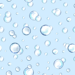 Transparent drops of water. Seamless pattern with water bubbles. Watercolor hand drawn. Label and textile
