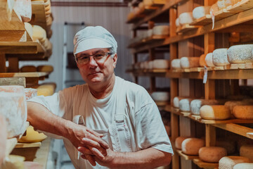 Fototapeta A worker at a cheese factory sorting freshly processed cheese on drying shelves obraz