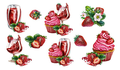 Strawberry set. Cupcake with cream and strawberries and strawberry juice. Watercolor painted by hand. For menu design