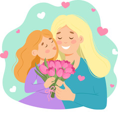 Illustration with mother and daughter with flowers for Mother's Day in cartoon style