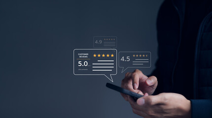 User give rating to service excellent experience on mobile phone application, Client evaluate quality of service reputation ranking of business. Customer review satisfaction feedback survey concept. - obrazy, fototapety, plakaty