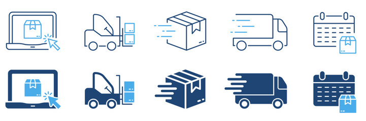 Order Package Cargo Shipment Silhouette and Line Icon Set. Shipping Transportation Cardboard Parcel Box Pictogram Collection. Fast Delivery Service Sign. Isolated Vector Illustration - obrazy, fototapety, plakaty