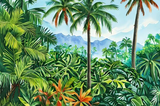 A continuous belt of tropical vegetation. Wallpaper pattern painted in watercolor. Picturesque tropical setting with palm palms. Framed with a handpainted canvas. Generative AI