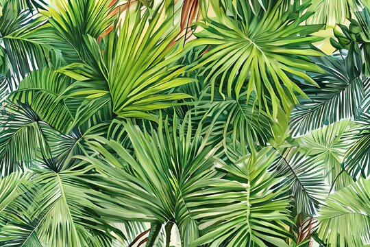 A continuous belt of tropical vegetation. Wallpaper pattern painted in watercolor. Picturesque tropical setting with palm palms. Framed with a handpainted canvas. Generative AI