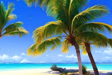 Obraz na płótnie Canvas A lot of shining palms at a wonderful beach, anime painting,. Generative AI