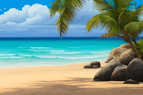 A painting of a tropical beach with palm trees and rocks in the water and a blue sky with clouds. Generative AI