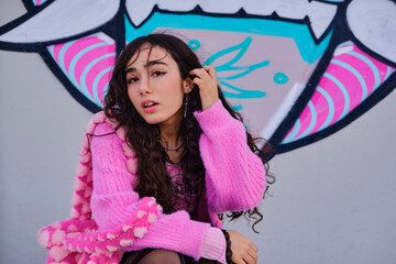 Fototapeta premium Teenage girl dressed in gothic style posing squatting on graffiti on a skateboarding rink