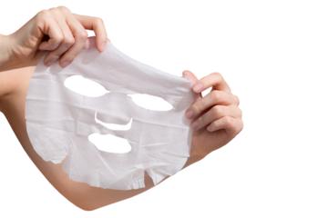 Female hands holding sheet of white mask on transparent background