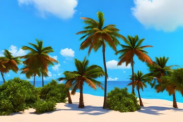 Fototapeta na wymiar Coconut trees with beach sand on blue background. summer concept. 3d rendering. Generative AI