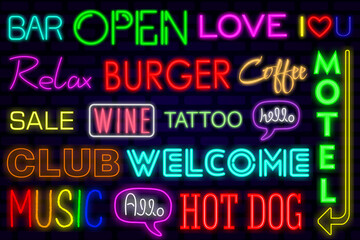 Neon signs. Glowing words. Open, bar, relax, hot dog, hello, music, motel, love, discounts, club, tattoo, coffee, wine.