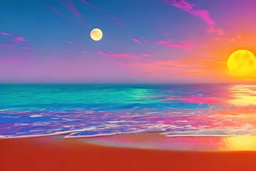 Retro futuristic synthwave style sunset at the beach colorful background with super moon behind it. Suitable for background design, wallpaper, futuristic website, poster, banner. Generative AI