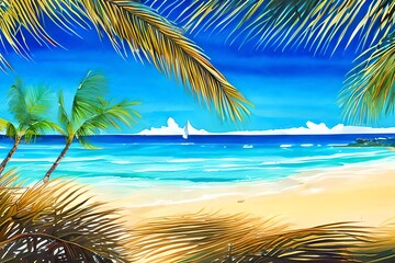 Fototapeta na wymiar Seascape. Summer tropical beach with golden sand palm branches. Hand drawn horizontal watercolor illustration. Generative AI