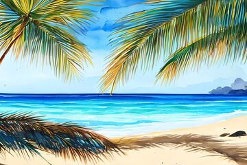 Fototapeta na wymiar Seascape. Summer tropical beach with golden sand palm branches. Hand drawn horizontal watercolor illustration. Generative AI