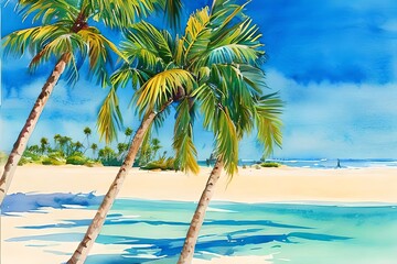Fototapeta na wymiar Summer beach with palm trees, watercolor background. Generative AI