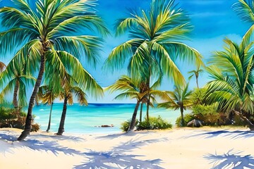 Naklejka na ściany i meble Summer beach with palm trees, watercolor background. Generative AI