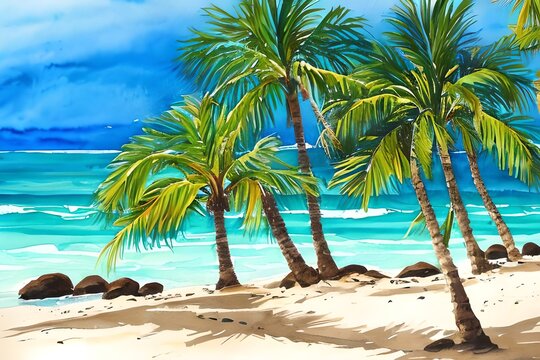 Summer beach with palm trees, watercolor background. Generative AI