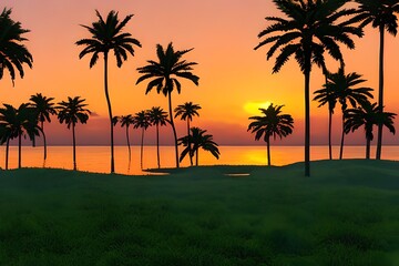 Obraz premium Synthase sunset, landscape with palm trees, 80s retro synthase color design ocean wave. Generative AI