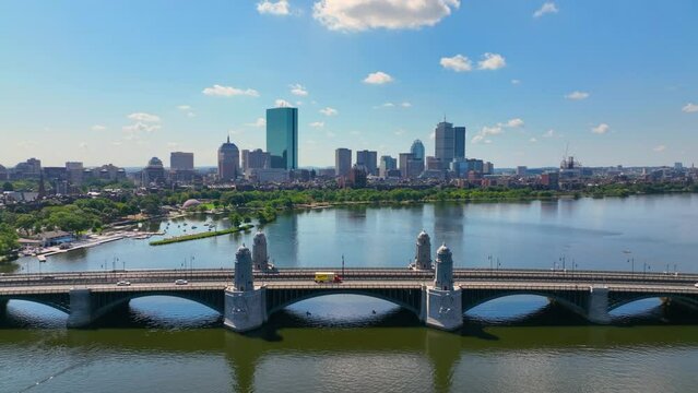 Longfellow Bridge aerial view that connects city of Cambridge and Boston over Charles River with Back Bay skyline, Boston, Massachusetts MA, USA. 
