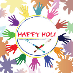 Vector illustration of holi festivals greeting card.Red color happy holi text written in the middle, blue and yellow color lines and colorful palm, water gun decorated around it on white background.