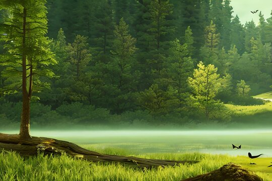 Vintage wallpaper of forest landscape with lake, plants, trees, birds, herons, butterflies and insects. Generative AI