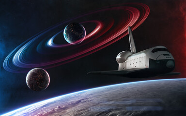 Deep space planets, orbital shuttle in red and blue starlight. Science fiction. Elements of this image furnished by NASA