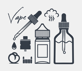 Liquid for evaporators in a vial, liquid drops, cotton wool and other accessories. Vape shop icons. Isolated on white background. Vector. 