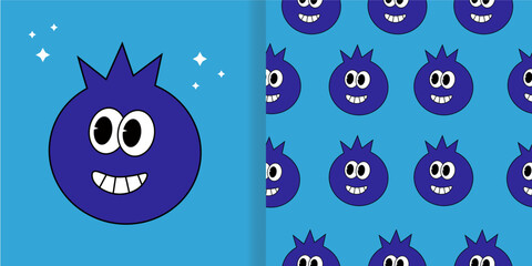 Smiling blueberry. Cartoon comic character with seamless pattern. Doodle retro style vector illustration.