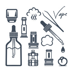  Different types of evaporators, a drop of liquid from a pipette, cotton wool and other accessories. Vape shop icons. Isolated on white background. Vector.
