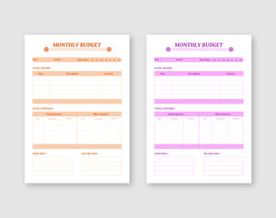 Daily Weekly And Monthly budget Planner Or Personal planner Template Design. Printable budget planner design layout.