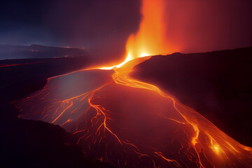 Lava Flows on active volcano.Volcano eruption with ash smoke and pyroclastic cloud. Volcanic natural disaster ,3D Rendering graphic ,illustration drawing