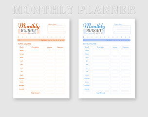 Budget planner template design for month and week budget set or Financial planner page vector templates. Printable Business Planner Set.