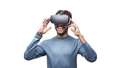 Young man using virtual reality headset isolated in transparent PNG, VR, future gadgets, technology, virtual event, video game concept - 576050757
