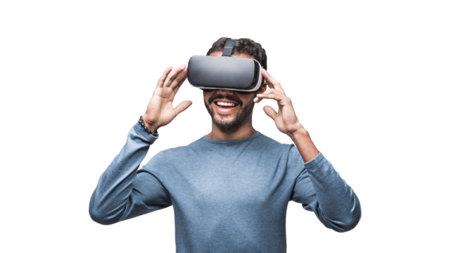 Young man using virtual reality headset isolated in transparent PNG, VR, future gadgets, technology, virtual event, video game concept