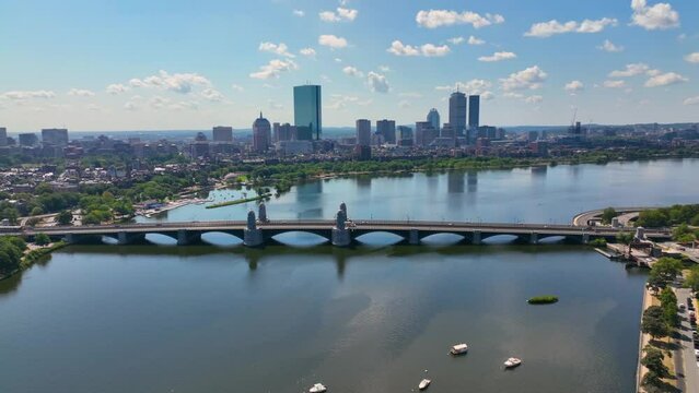 Longfellow Bridge aerial view that connects city of Cambridge and Boston over Charles River with Back Bay skyline, Boston, Massachusetts MA, USA. 