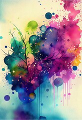 watercolor multicolored spots, drops and circles with smudges, with a painted tree branch.