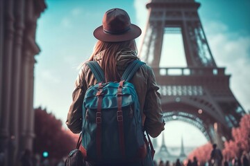 Obraz premium Young beautiful woman walks in Paris. Generative AI