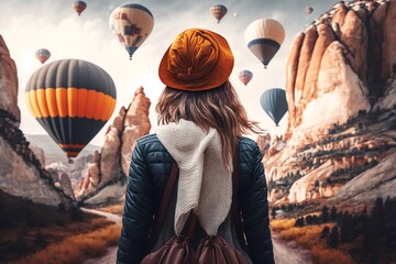 A tourist girl on a mountain top enjoying wonderful view of the sunrise and balloons in Cappadocia. Generative AI