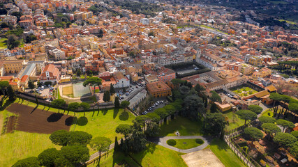 Aerial view of Albano Laziale, a comune in the Metropolitan City of Rome, on the Alban Hills, in...