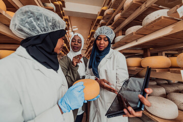 Fototapeta na wymiar Arab business partners checking the quality of cheese in the industry and enter data into a laptop. Small business concept