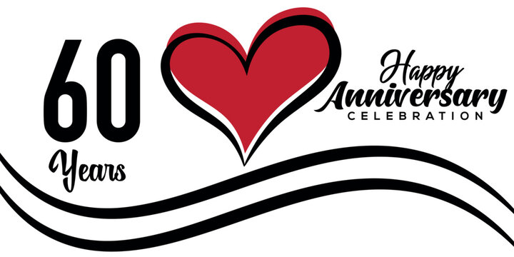Vector 60th anniversary celebration logo lovely red heart abstract vector  on white background design template illustration.